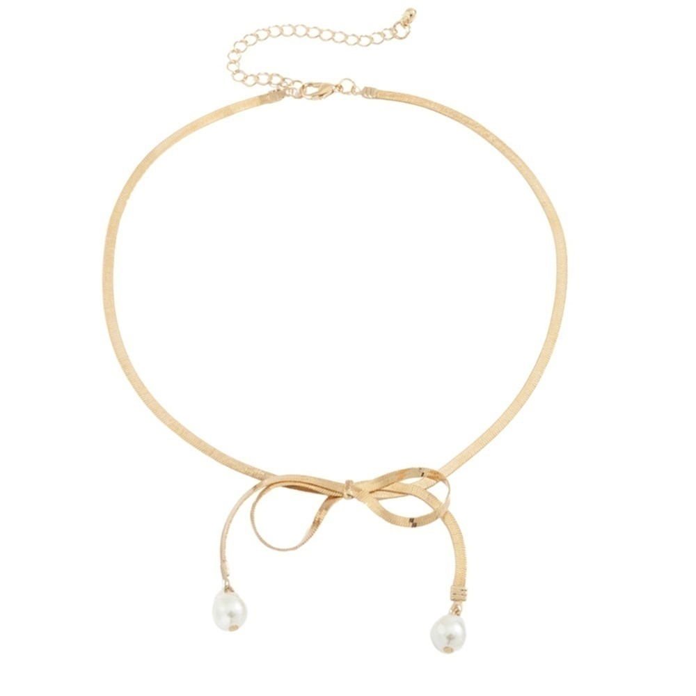✨ Charming Bow & Imitation Pearl Herringbone Choker Necklace: Vintage Gl…